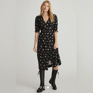 Anthropologie Black Midi Wrap Dress with Multicolor Floral Print